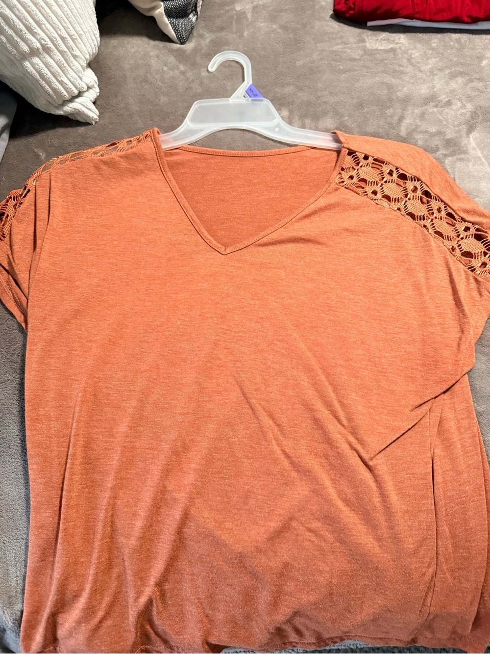 Women's V-Neck Crochet Shoulder Top - Rust